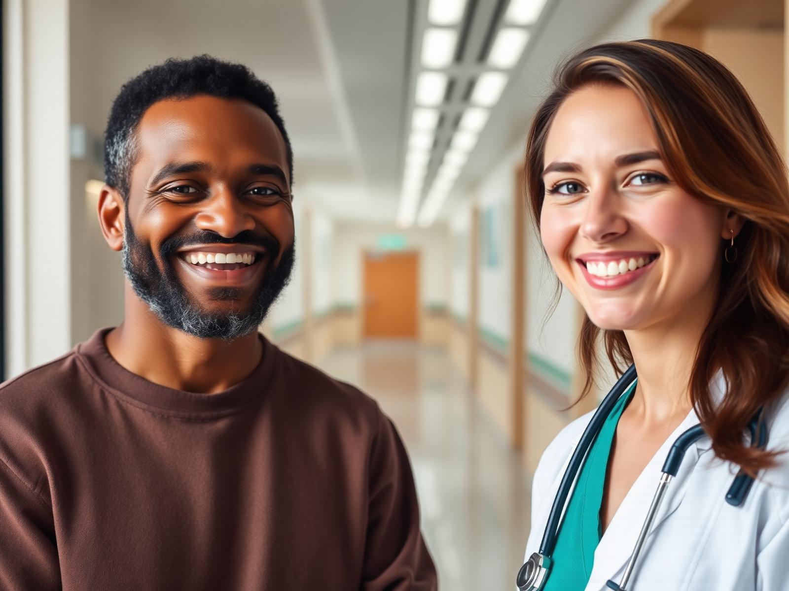 A patient and doctor smiling together in a hospital corridor